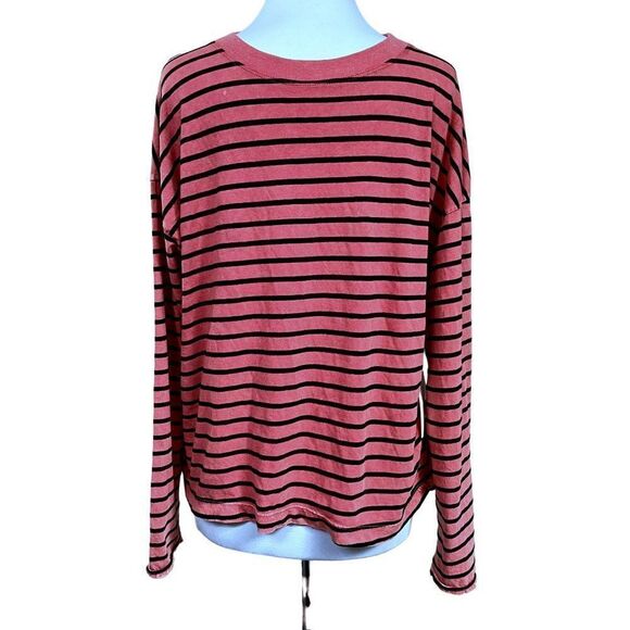 Electric & Rose Hand-Dyed Striped Pullover Tee Top Sz S Rose & Black Cotton NEW - Picture 1 of 5